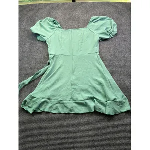 Mint Green Puff Sleeve Ruffle Mini Dress Square Neck Wrap Tie Side‎ Split Large thumbnail 13