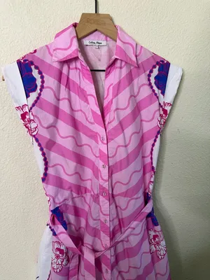Celina‎ Moon Pink Floral Belted Poplin Sleeveless Midi Dress Womens Size XS thumbnail 3