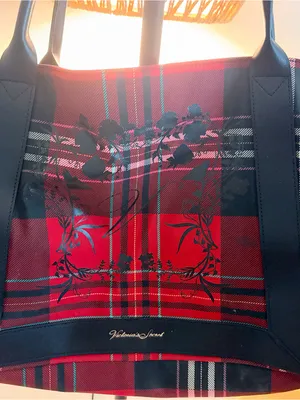 Victoria's Secret Red and Black Plaid Tote with Floral Overlay thumbnail 3