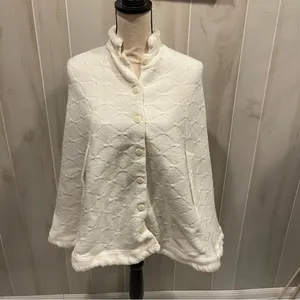 Vintage 70’s creamy white textured sweater knit cape button front tall collar thumbnail 7