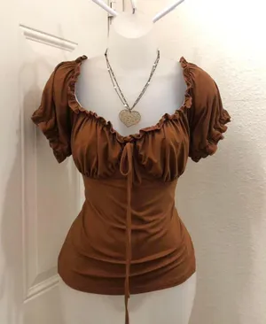 2000s Brown Whimsygoth Coquette Sweetheart Ruched bust Babydoll Bow Tie Front Top Shirt Blouse Short Sleeve Ruffle #Y2K #Whimsigoth #fairy Measurement in pics (has stretch) thumbnail 1