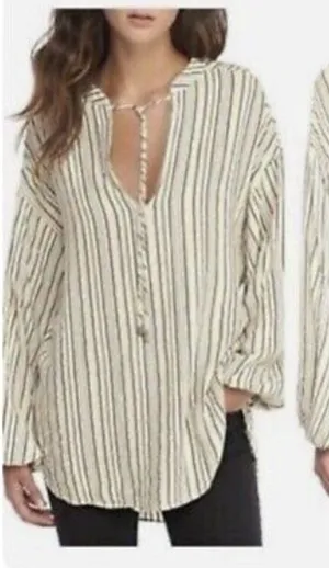 Free People Grey Cream Striped Rhythm Of The Night Tunic‎ Top thumbnail 1