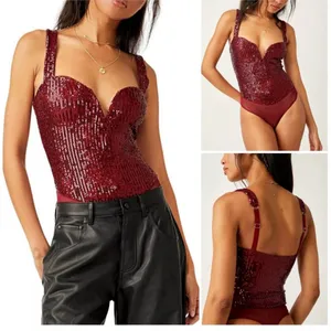 NWT Free People Red Sequin Sweetheart Bodysuit Party Going Out Top thumbnail 3