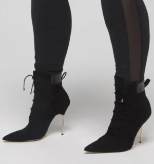 GOOD AMERICAN Black Suede Stiletto Lace Up Ankle Boot Bootie Hiking Size 5.5 New thumbnail 1