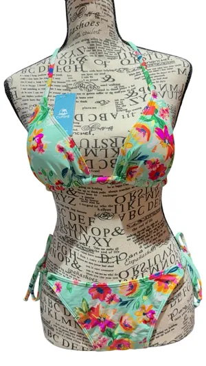 NWT Cupshe Floral String Bikini Set Size Small Aqua Tropical Swimwear thumbnail 1