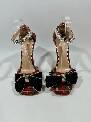 Betsey Johnson Guliana Red Plaid Black Bow Animal Print Heels Sz 8 Crystals Glam thumbnail 2