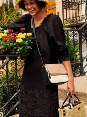 kate spade Black Midi Peasant Dress with Lace Trim thumbnail 1