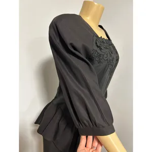 Vintage Moonglow Black Ramie Cotton Peplum Dress Floral Eyelet Embroidered L thumbnail 8