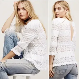 Free People Fire Island Blouse Crochet 3/4 Sleeve White Small Festival Boho Chic thumbnail 3