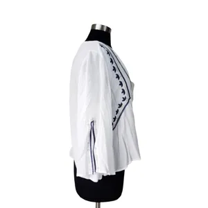 Lush Clothing Boho Peasant Blouse White Blue Embroidered Lace Up Bell Sleeve Top Womens L thumbnail 3