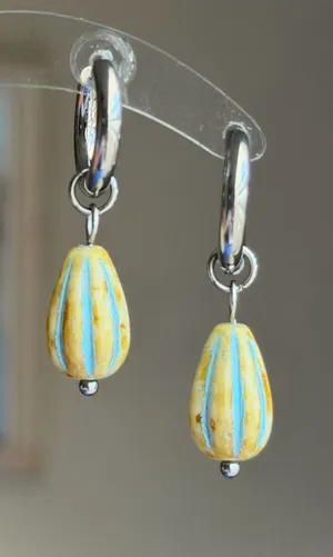 Handmade teardrop Czech glass simple minimalist hoop dangle earrings💛 thumbnail 1