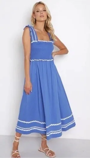 En Saison Blue Smocked Ric Rac Trim Midi Dress Large NWT - C11-196 thumbnail 1