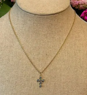 Vintage blue rhinestone cross pendant necklace thumbnail 1