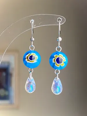 Handmade lampwork glass floral beads & Czech glass teardrop dangle earrings🌀 thumbnail 1