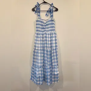 Cellecci Blue Gingham Smocked Tie Strap Tiered Midi Dress Size M thumbnail 2