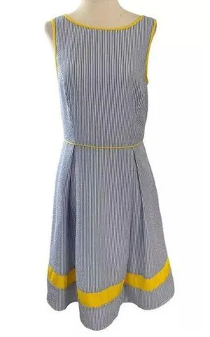 Elle Women Size Small Fit & Flare Seersucker Dress Blue Yellow Pleated | 21-917 thumbnail 1
