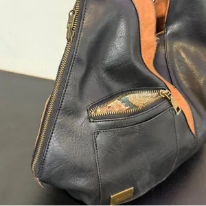 Reversible Vegan Leather Hobo Bag Black Brown Colorblock Slouchy Minimalist BOHO thumbnail 7