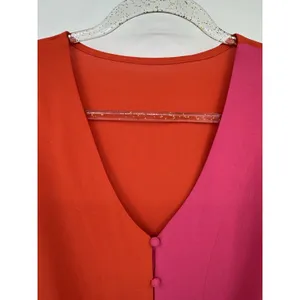 Hot Pink Orange Blouse V Neck Button Down Tie Knot Front Bell Sleeves Small Top thumbnail 5