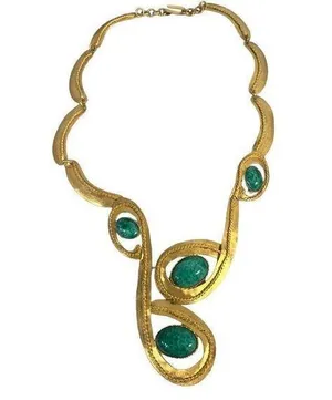 Vintage 14" Unique Gold Tone Tribal Necklace with Green Stones Jade? thumbnail 1