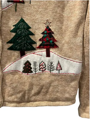 VTG Tiara International Christmas Sweater Cardigan L Tan Knit Snowman Tree Ugly thumbnail 4
