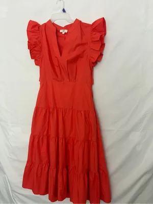 Entro Tiered Midi Dress Large Red Orange Ruffle Sleeve Back Cutout NWOT(A906) thumbnail 3