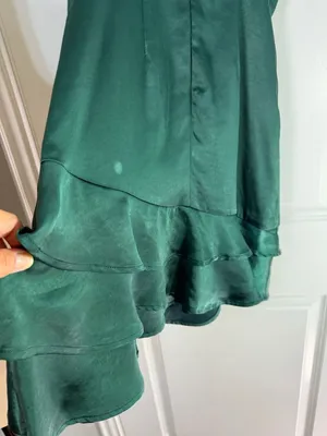 Lulus Emerald Green Satin Spaghetti Strap Layered Ruffle Hem Mini Dress XS thumbnail 5