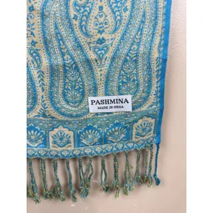 Pashmina Blue Paisley-Patterned Reversible Woven Wrap Fringed Shawl thumbnail 9