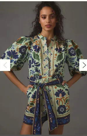 Anthropologie FARM Rio Ocean Tapestry Puff Sleeve Cotton Romper thumbnail 1