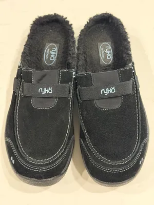 Ryka Black Suede Faux Fur Lined Slip On Mules Slippers Size 8.5W thumbnail 1