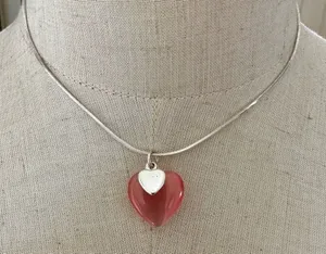 Pink and silver tone heart pendant necklace thumbnail 1