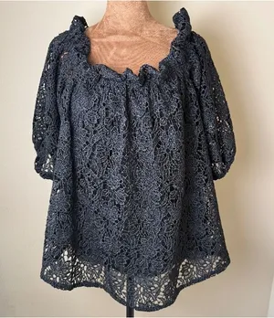 NWT Maeve Anthropologie Lace Off The Shoulder Blouse Womens Small Black Goth thumbnail 1