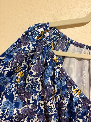 J. Crew V-neck Midi Dress in Fête Floral Print Blue Satin Long Sleeves Medium thumbnail 9