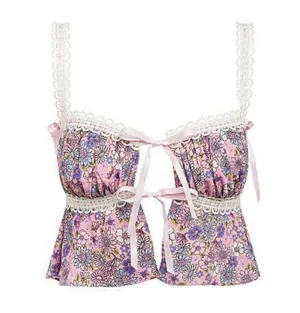 FOR LOVE & LEMONS Willow Multi Floral Bow Tie Ribbon Bow Coquette Top Purple XL thumbnail 6
