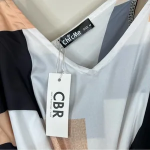 CBR ChicMe black tan geometric print tie shoulder belted midi dress M NEW thumbnail 7