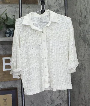 PQ Button Up Half Sleeve Cover Up Ivory Off White / Gold Shimmer thumbnail 1