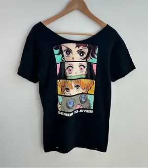 Black Demon Slayer Kimetsu No Yaiba Off the Shoulder Anime Tee thumbnail 1