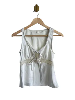Aritzia Wilfred Picnic Satin Babydoll Camisole Ivory Lace Tie Front 2XS thumbnail 7