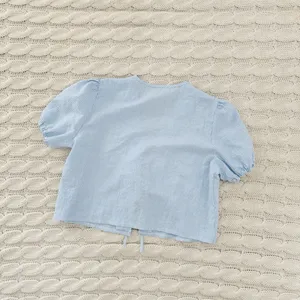Sky Blue Gingham Puff Sleeve Tie-Front Blouse thumbnail 4