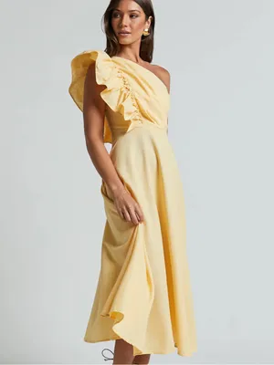 Showpo. DIXIE MIDI DRESS Linen Look One Shoulder Ruffle Dress In Lemon 4 thumbnail 2