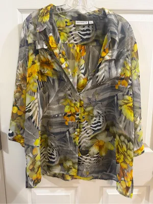 Susan Graver Floral & Zebra Print Sheer Button-Down Shirt Size L thumbnail 1