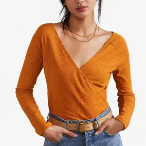 Maeve Anthropologie Ribbed Surplice Faux Wrap V-Back Top Burnt Orange Size Small thumbnail 1