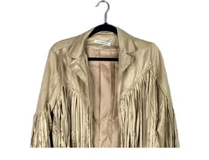 NEW! Western Fringe Soft Faux Suede Open Style Lined Jacket Coat M Light Tan thumbnail 3