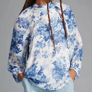 Maeve Anthropologie Blue White Floral‎ Sheer Tunic Blouse High Neck Tie Back L thumbnail 1