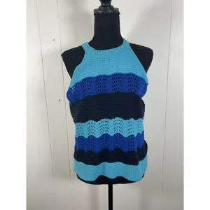 Anthropologie Jenette Blue Crochet High Neck Halter Top Sweater Knit Tank Med thumbnail 2