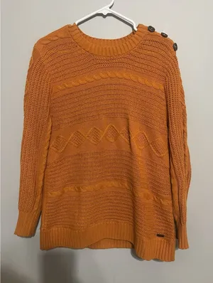 Women's Bass Cable Knit Fisherman's Orange Large Sweater Shoulder Buttons Preppy thumbnail 1