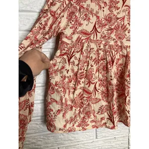 By Anthropologie peasant blouse off white‎ & red tie collar women's size small thumbnail 9