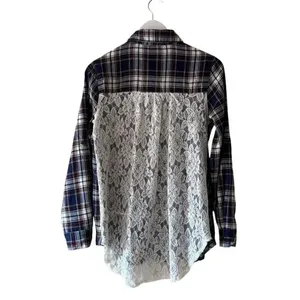 Altar’d State Shirt Button Front Blue Plaid Flannel Mixed Media Lace SZ L #2315 thumbnail 5
