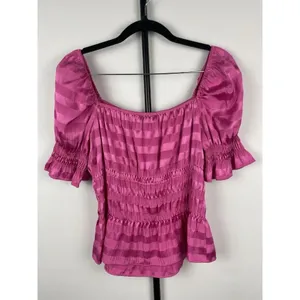 1.STATE‎ Hot Pink Shadow Stripe Puff Sleeve Shirred Waist Square Neck Top Sz M thumbnail 6