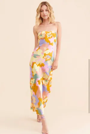 ASTR The Label Annabeth Satin Strapless Midi Dress Lime Rust Floral thumbnail 2