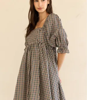 Gingham Puff Sleeve Mini Dress Brown Size M thumbnail 5